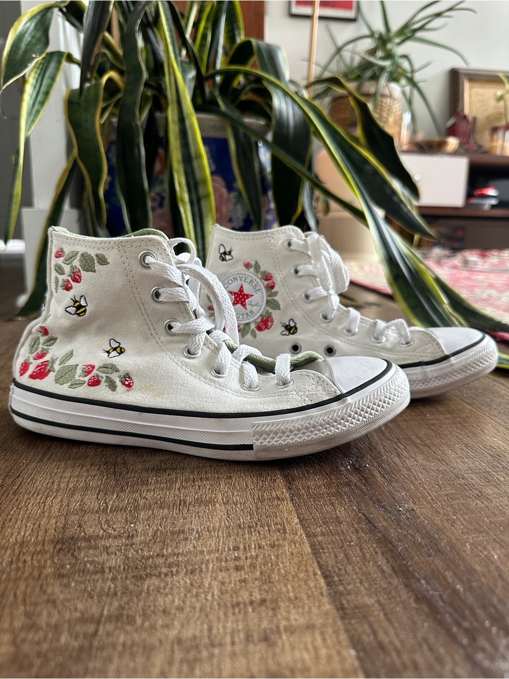 Custom Embroidered Converse White High-Top Sneakers with Strawberries and Bees